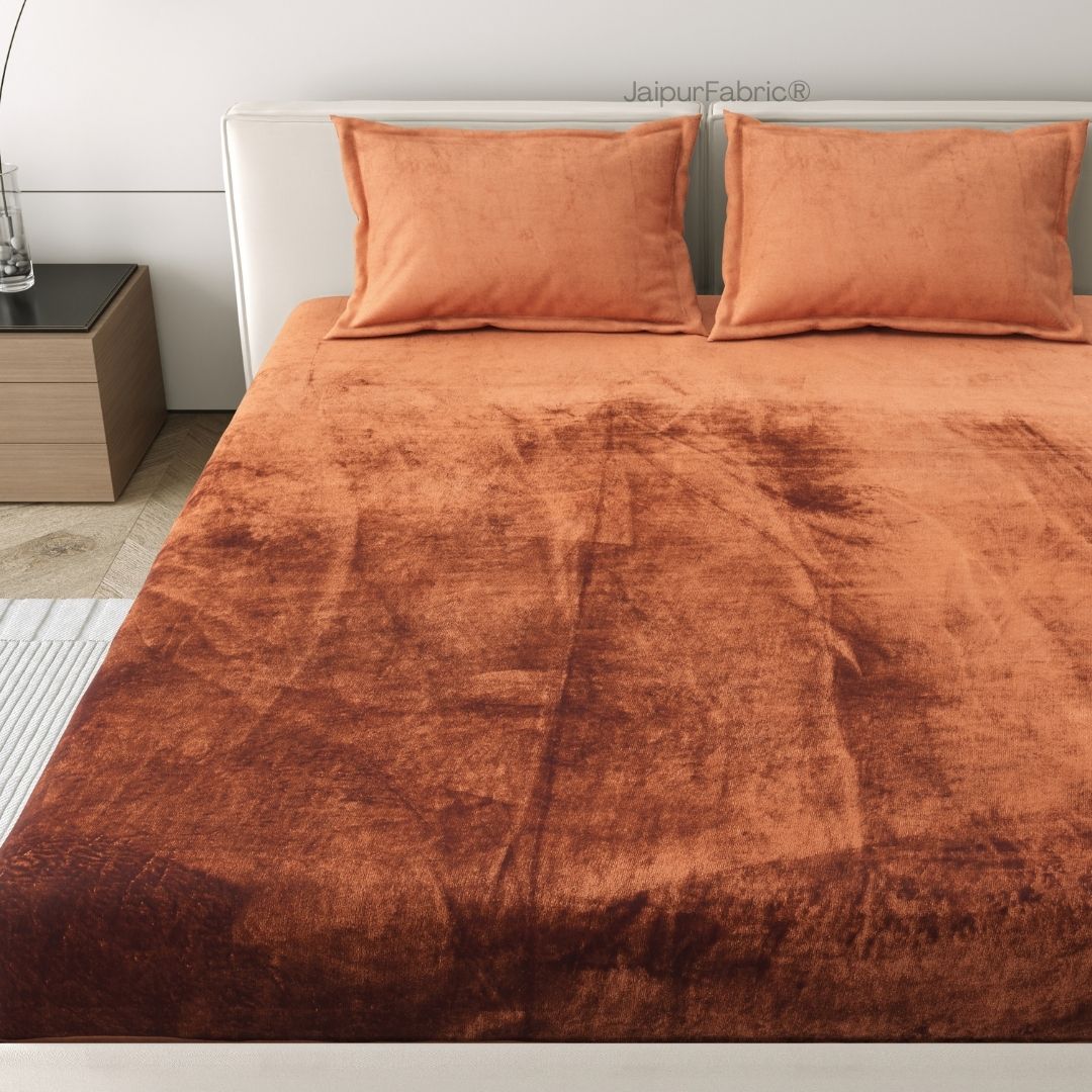 Rich Rust Soft Velvet Finish Double Bedsheet with Matching Pillow Covers