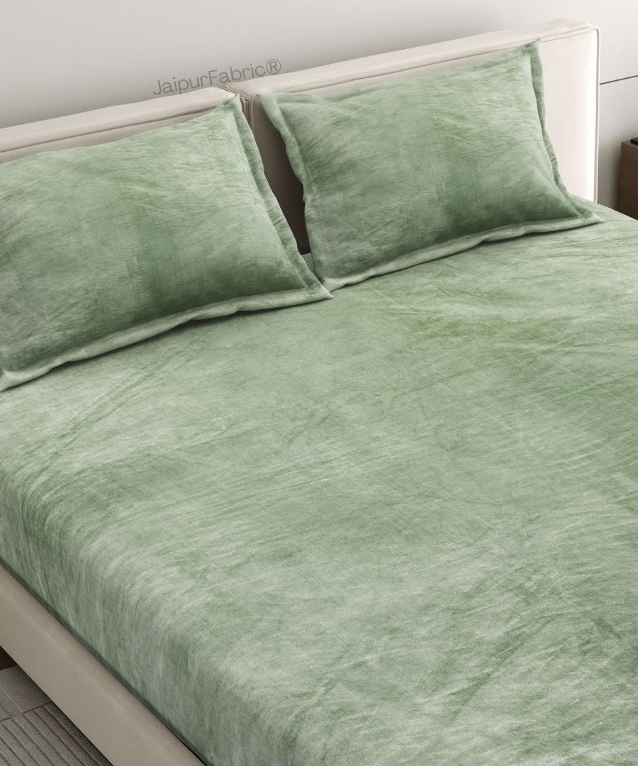Serene Sage Green Soft Velvet Finish Double Bedsheet with Matching Pillow Covers
