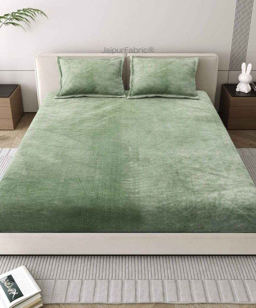 Serene Sage Green Soft Velvet Finish Double Bedsheet with Matching Pillow Covers