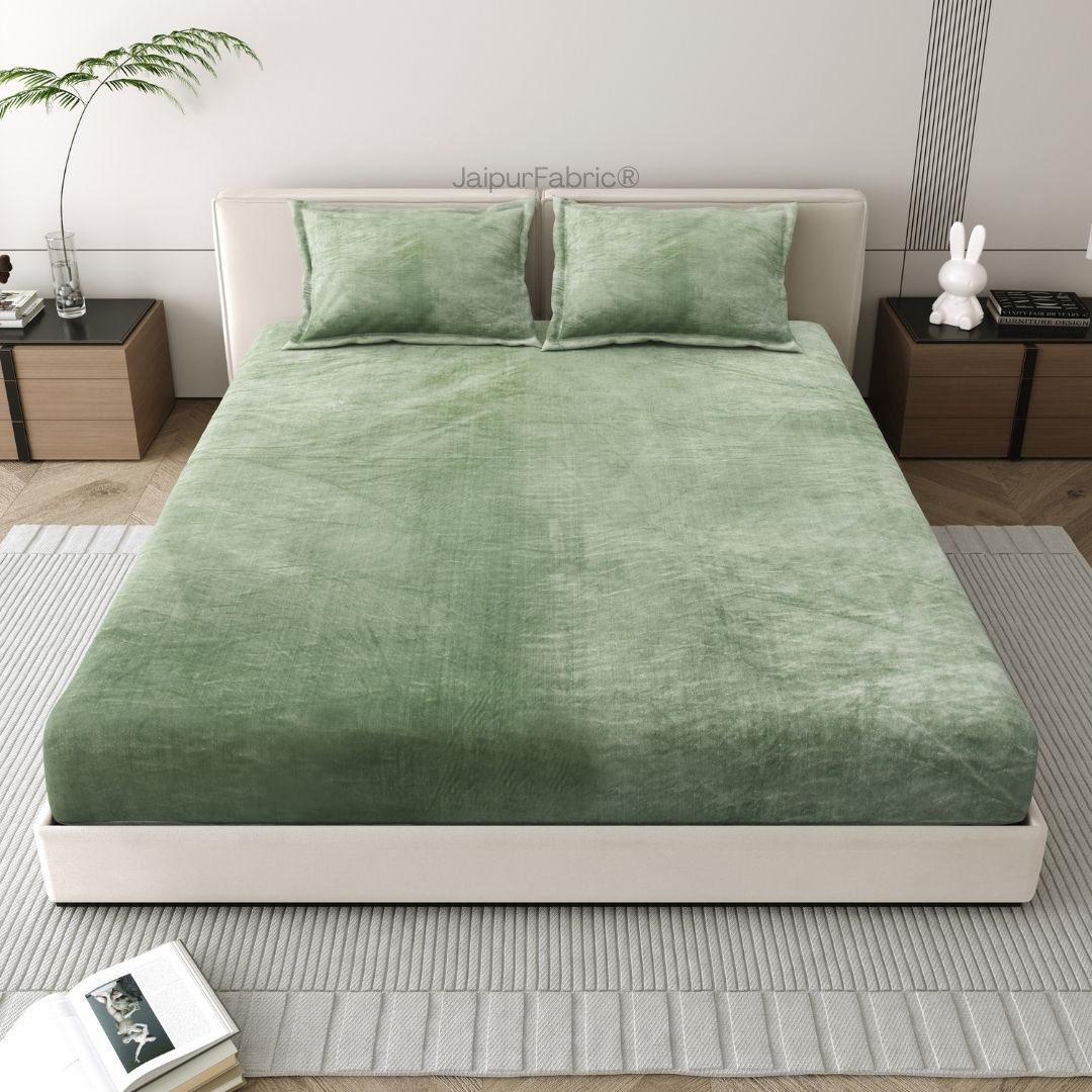 Serene Sage Green Soft Velvet Finish Double Bedsheet with Matching Pillow Covers
