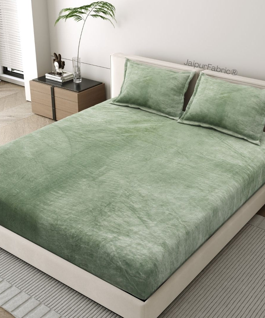 Serene Sage Green Soft Velvet Finish Double Bedsheet with Matching Pillow Covers