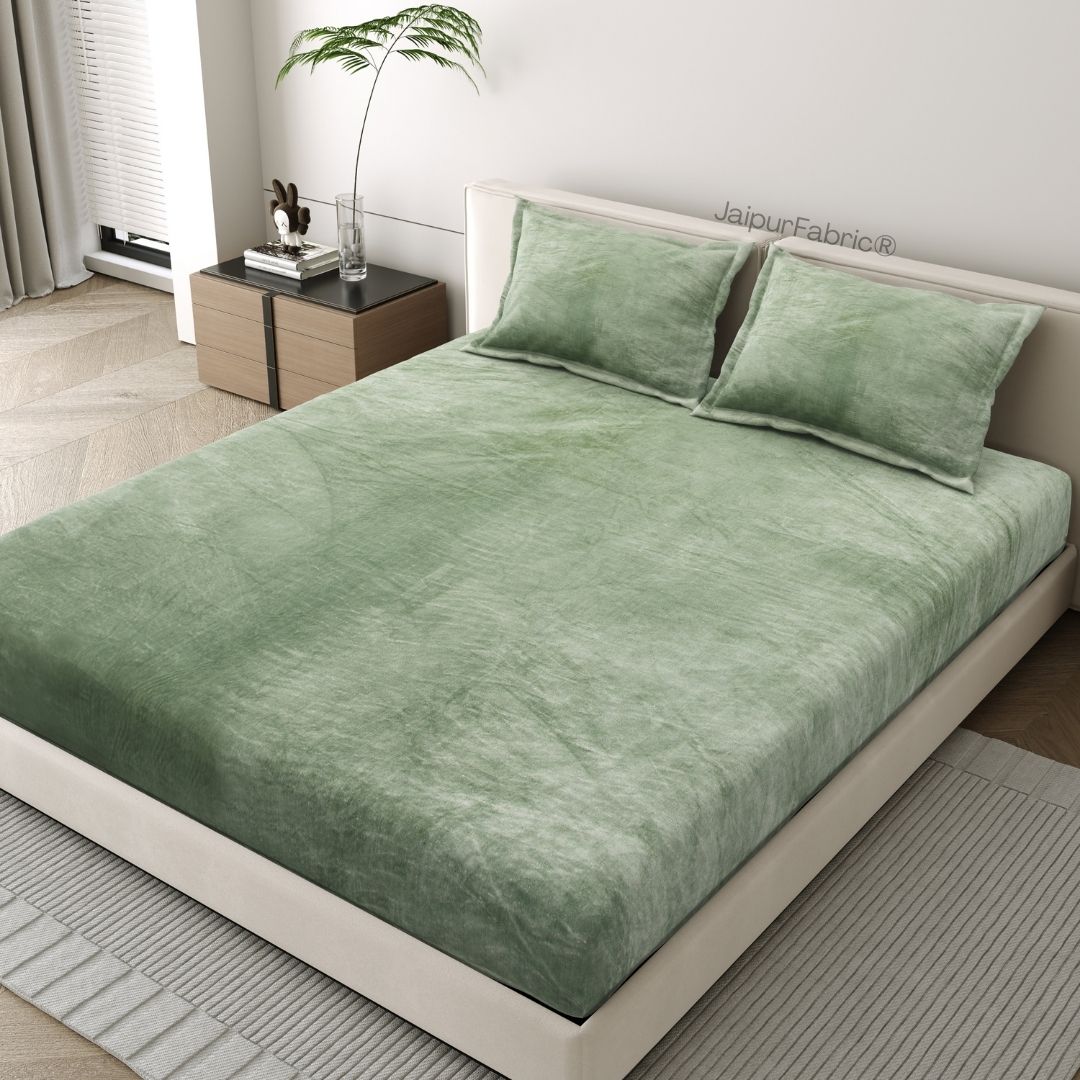 Serene Sage Green Soft Velvet Finish Double Bedsheet with Matching Pillow Covers