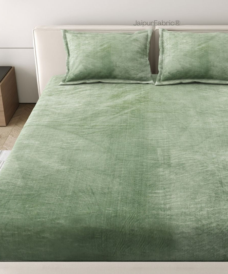 Serene Sage Green Soft Velvet Finish Double Bedsheet with Matching Pillow Covers