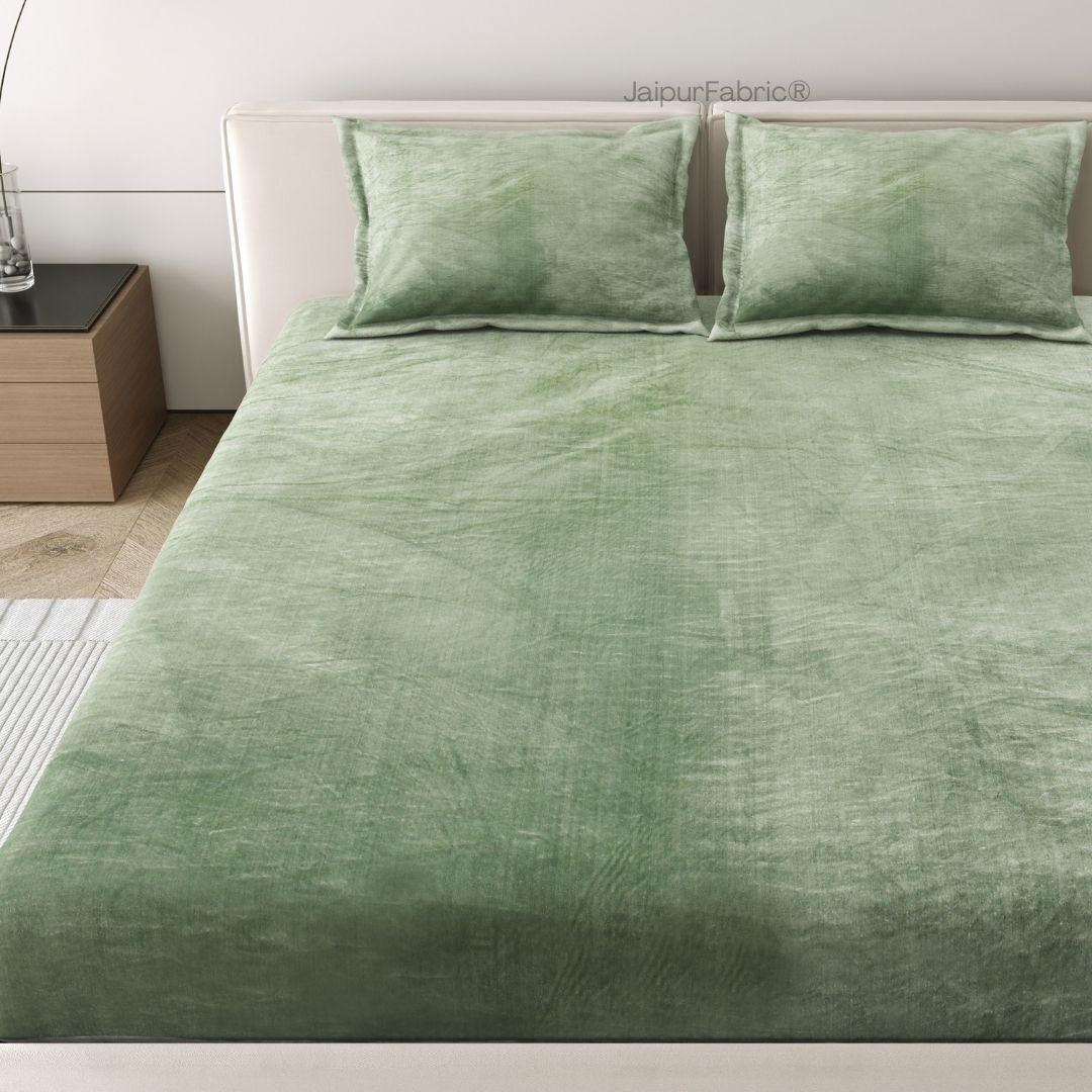 Serene Sage Green Soft Velvet Finish Double Bedsheet with Matching Pillow Covers