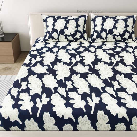 Navy Blue and White Leaf Elegance Woolen Double Bedsheet