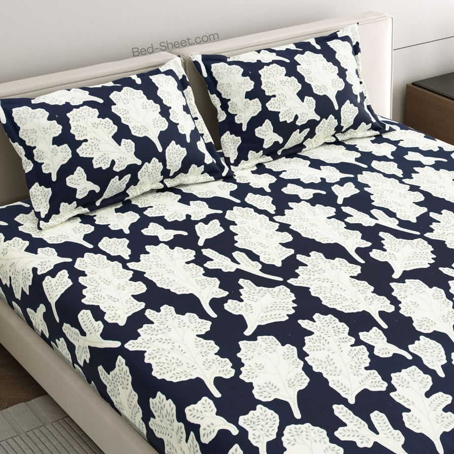 Navy Blue and White Leaf Elegance Woolen Double Bedsheet