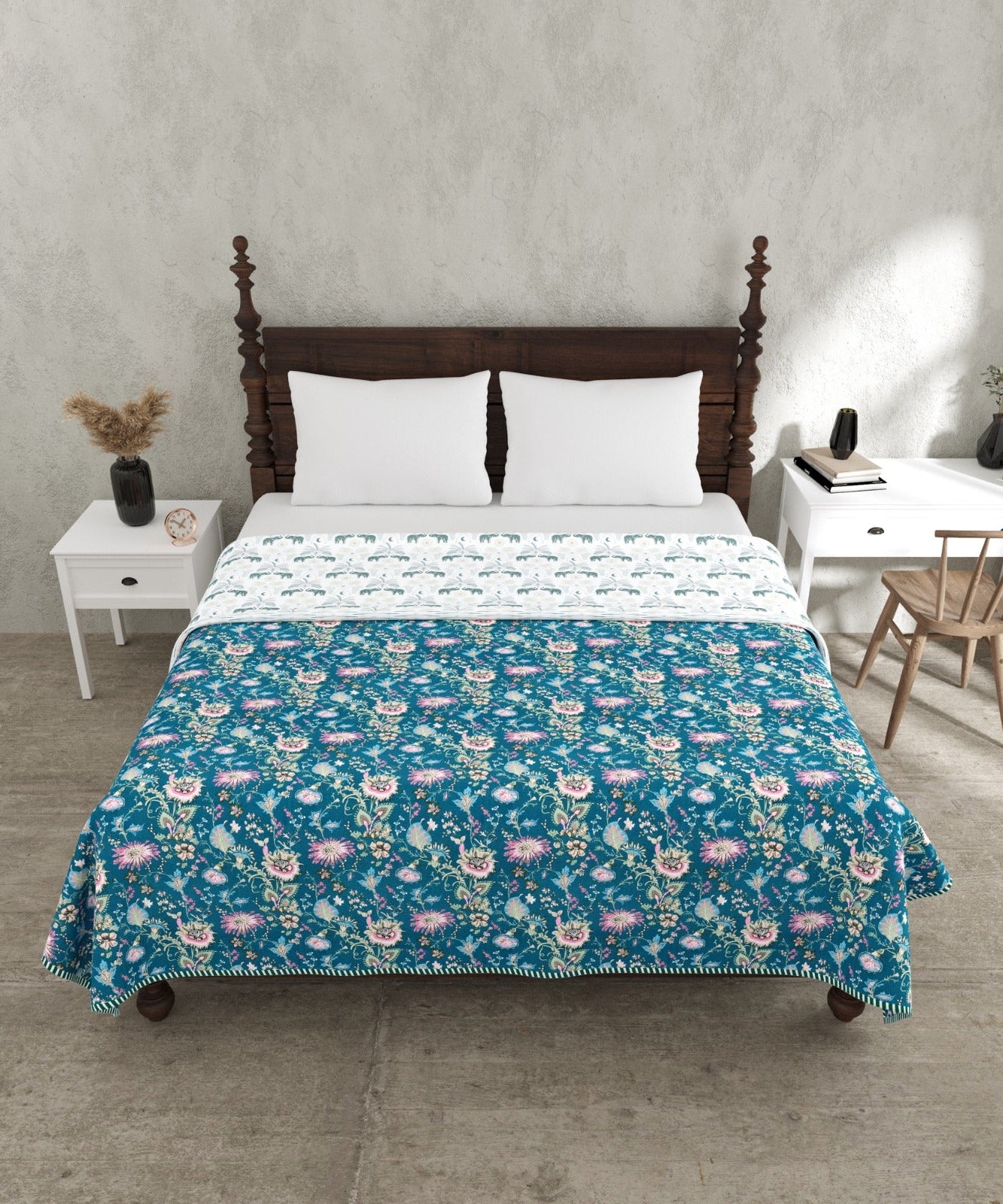 Royal Teal Floral Reversible Dohar – Double Bed