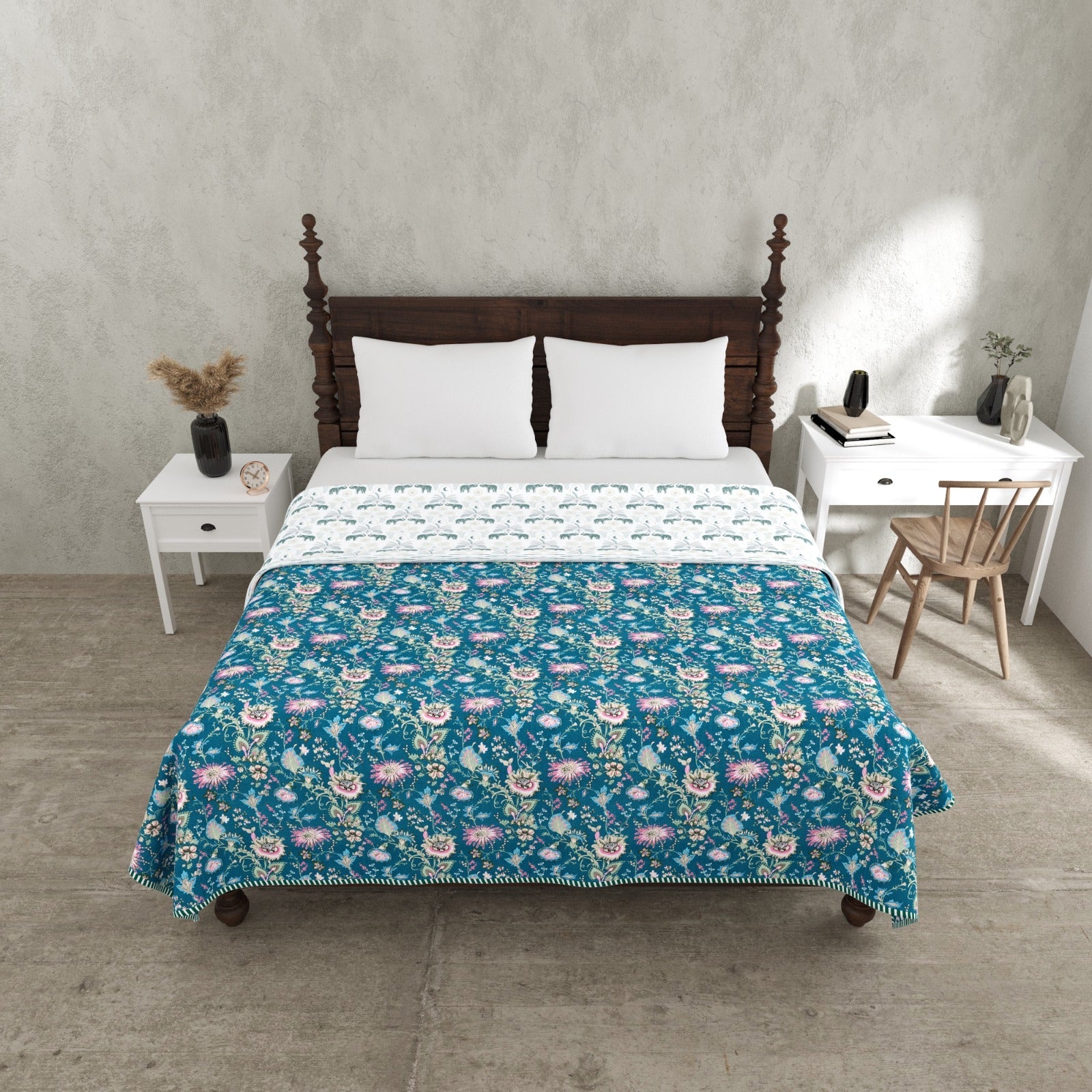 Royal Teal Floral Reversible Dohar – Double Bed