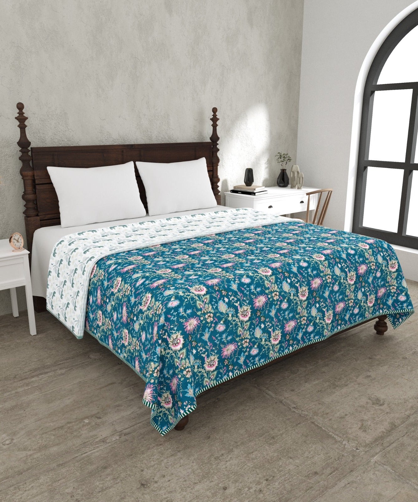 Royal Teal Floral Reversible Dohar – Double Bed