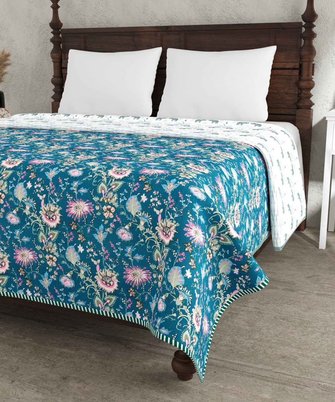 Royal Teal Floral Reversible Dohar – Double Bed