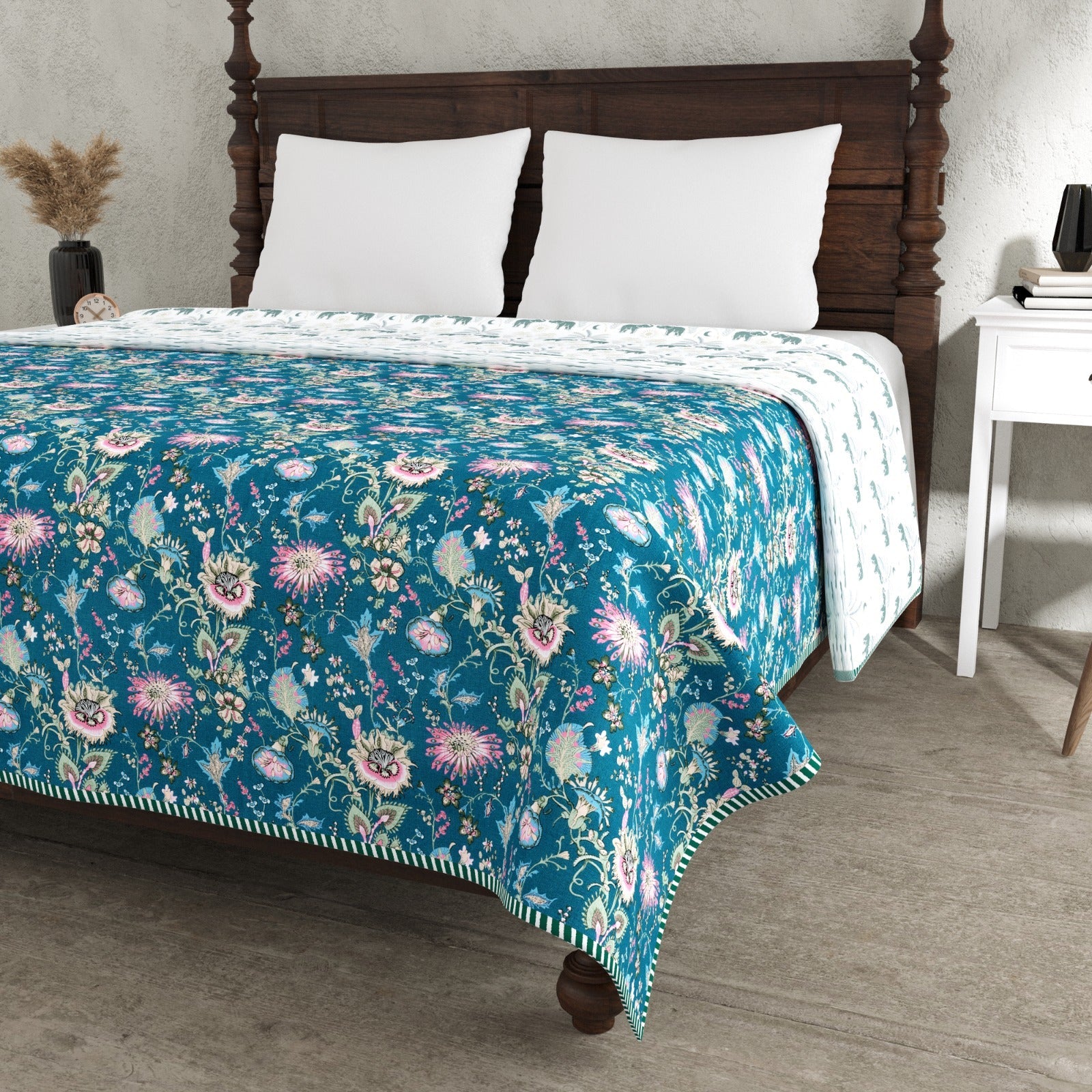 Royal Teal Floral Reversible Dohar – Double Bed