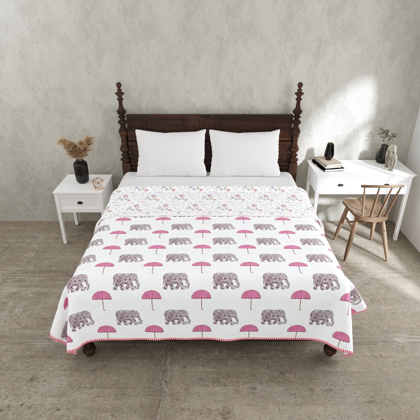 Pink Umbrella Parade Reversible Double Bed Dohar