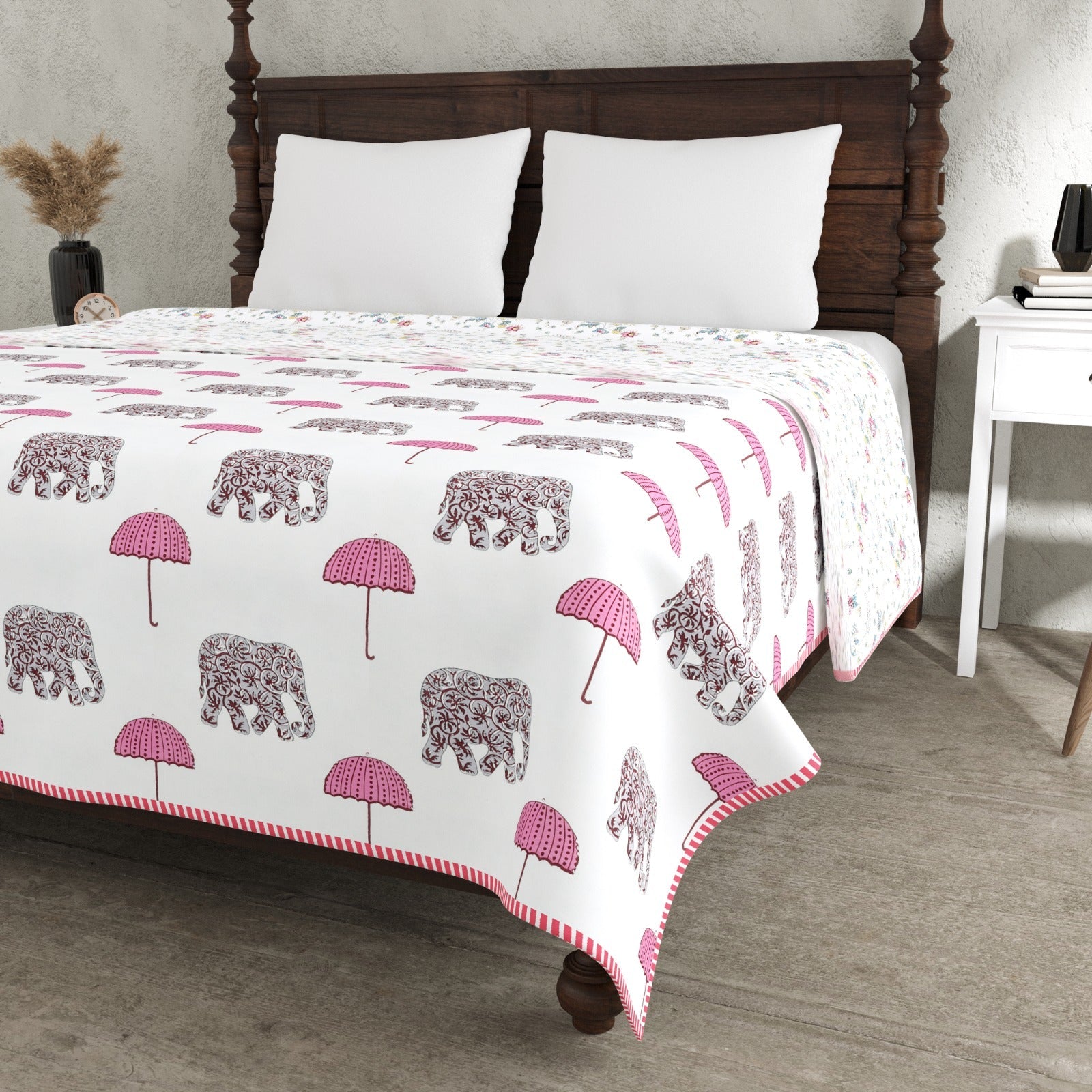 Pink Umbrella Parade Reversible Double Bed Dohar