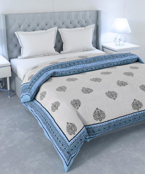 Blue Paan Grey Rangoli Border Microfiber Fill Cotton Cover Double Bed Quilt
