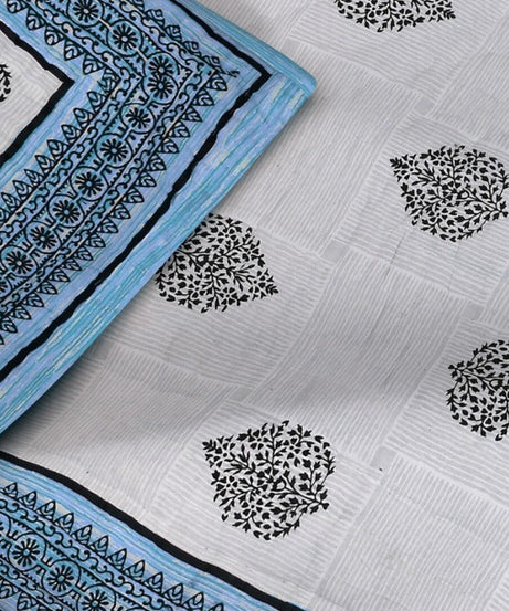 Blue Paan Grey Rangoli Border Microfiber Fill Cotton Cover Double Bed Quilt