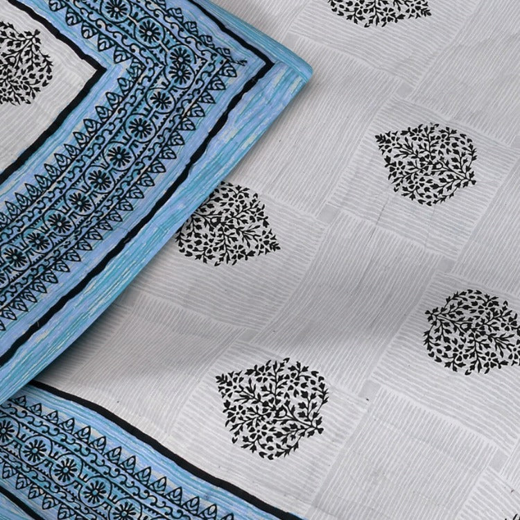 Blue Paan Grey Rangoli Border Microfiber Fill Cotton Cover Double Bed Quilt
