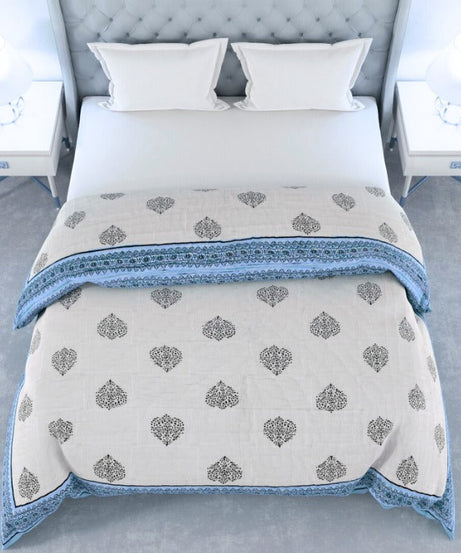 Blue Paan Grey Rangoli Border Microfiber Fill Cotton Cover Double Bed Quilt