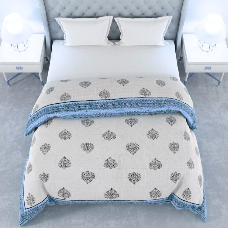 Blue Paan Grey Rangoli Border Microfiber Fill Cotton Cover Double Bed Quilt