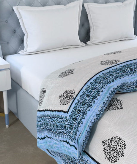 Blue Paan Grey Rangoli Border Microfiber Fill Cotton Cover Double Bed Quilt