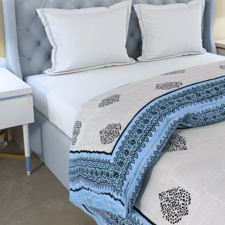 Blue Paan Grey Rangoli Border Microfiber Fill Cotton Cover Double Bed Quilt