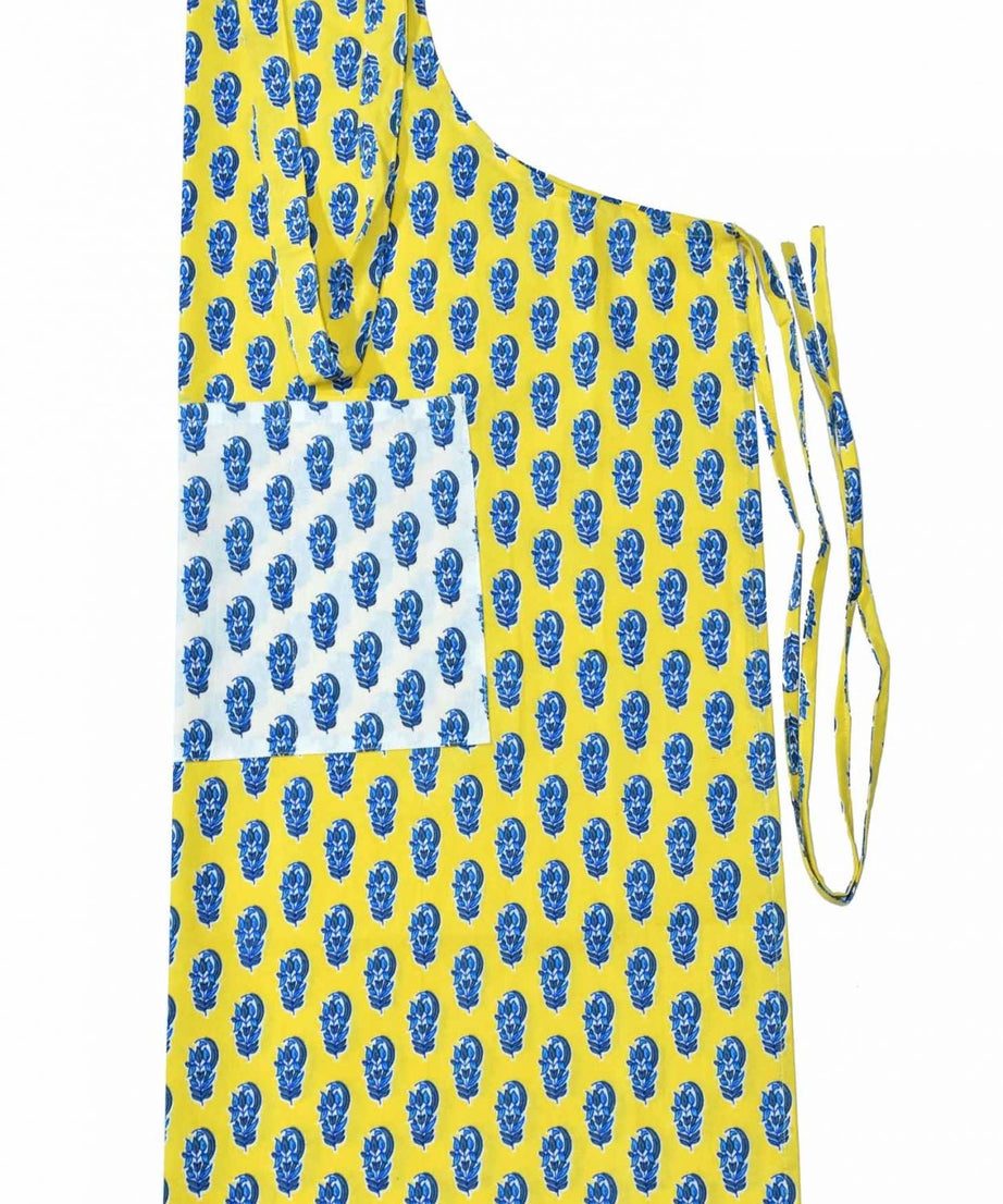 floral block print yellow apron