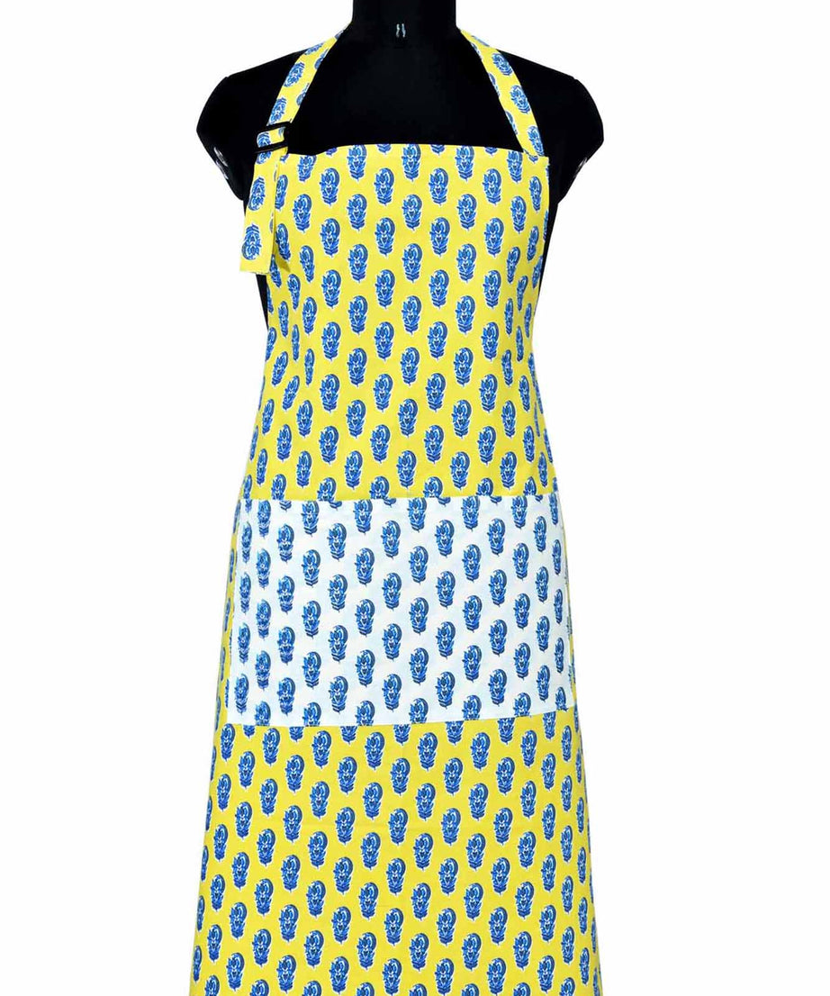 floral block print yellow apron