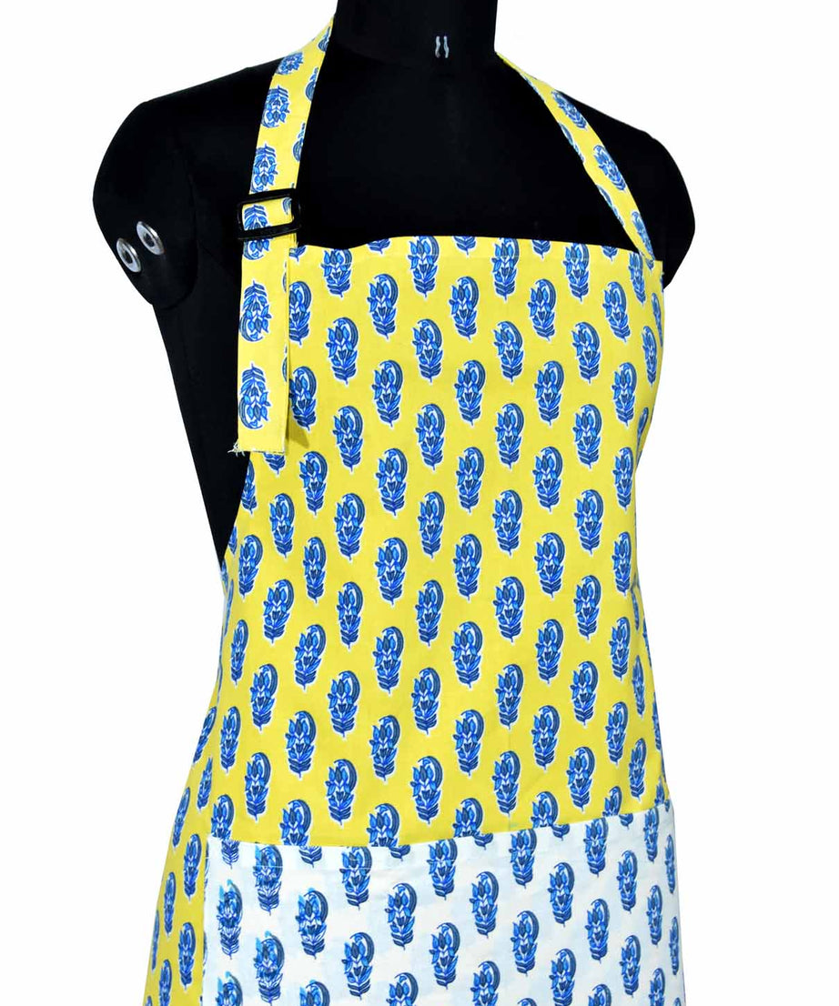 floral block print yellow apron