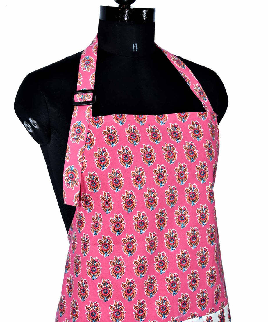 floral block print pink apron
