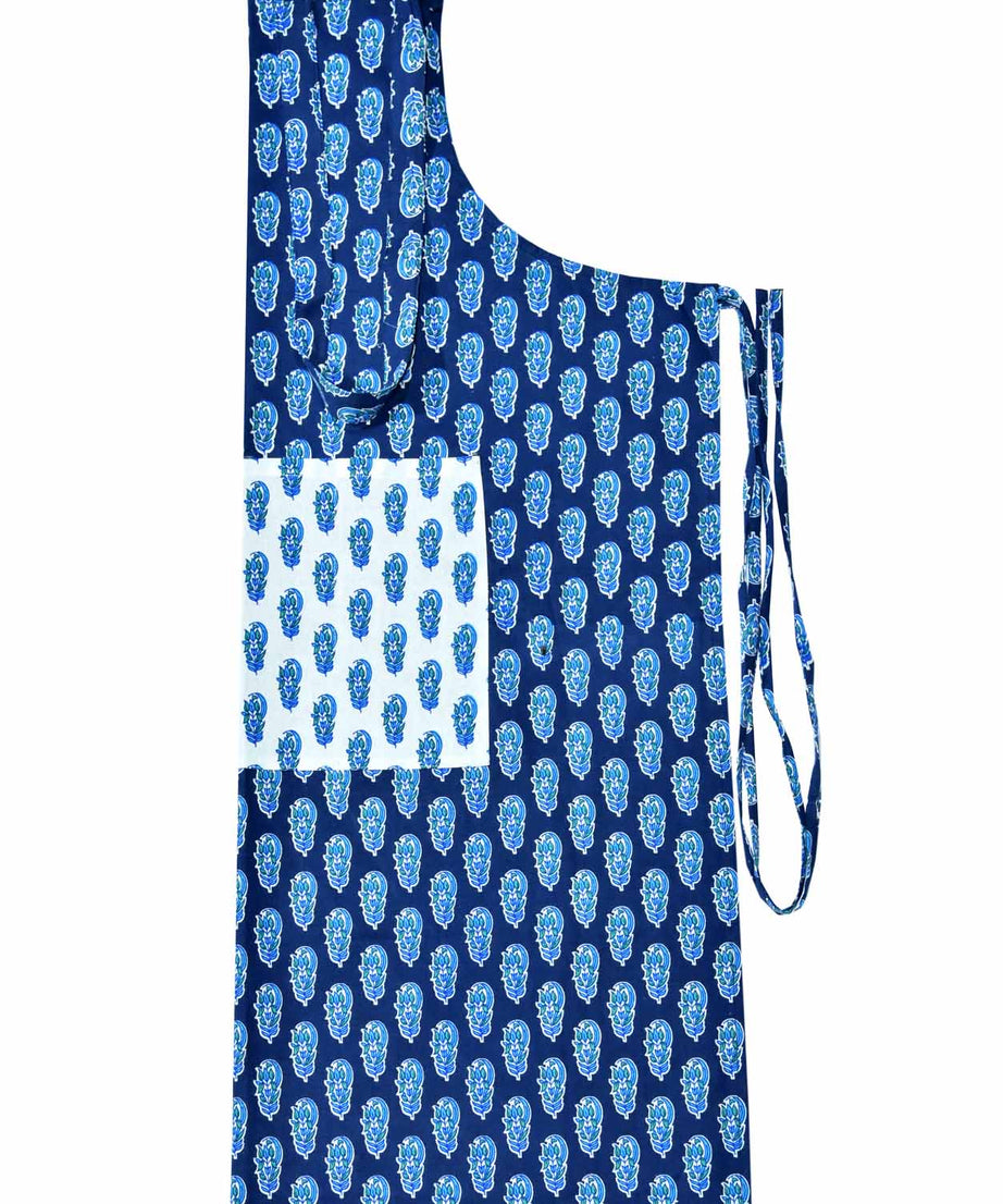 floral block print navy blue apron