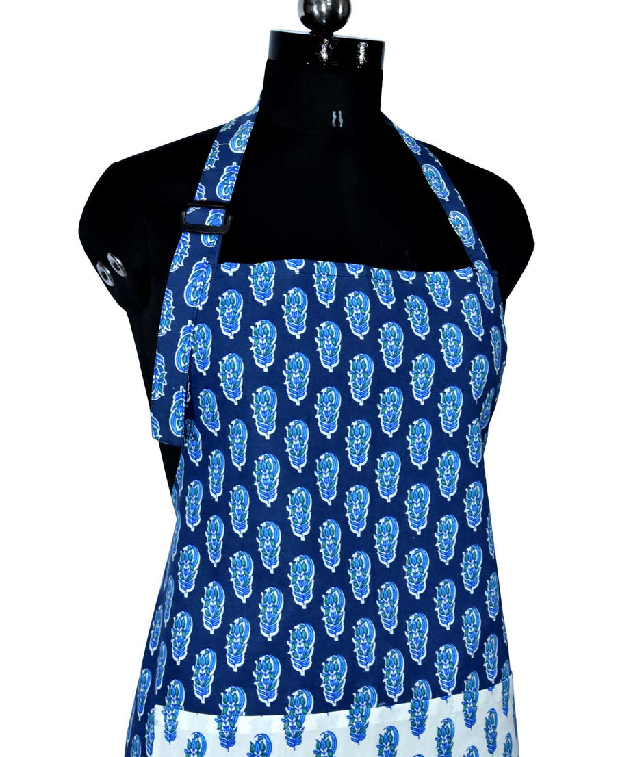 floral block print navy blue apron