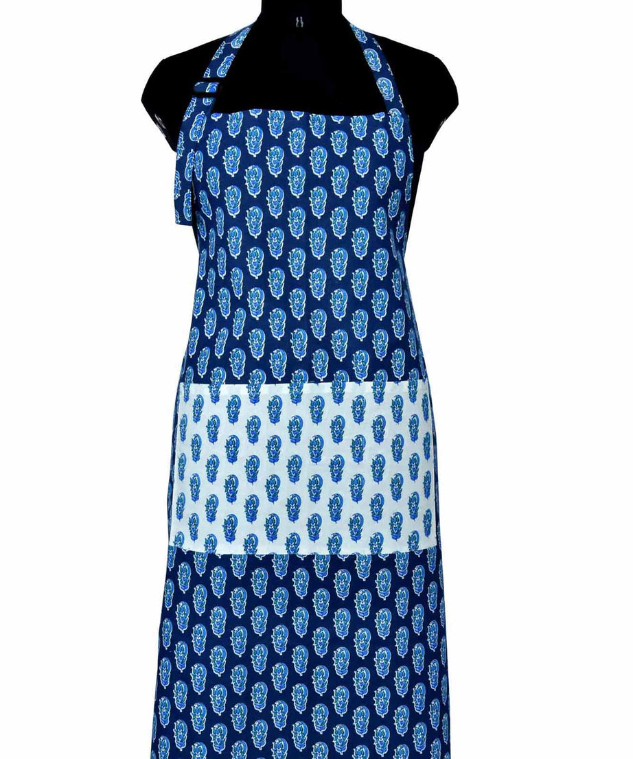 floral block print navy blue apron