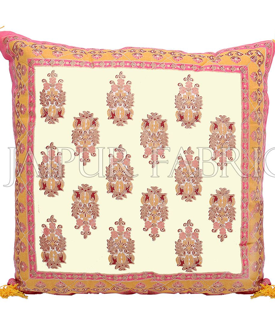 Cream Base with Orange Border Rajasthani Kalash Design Cotton Cushion Cover