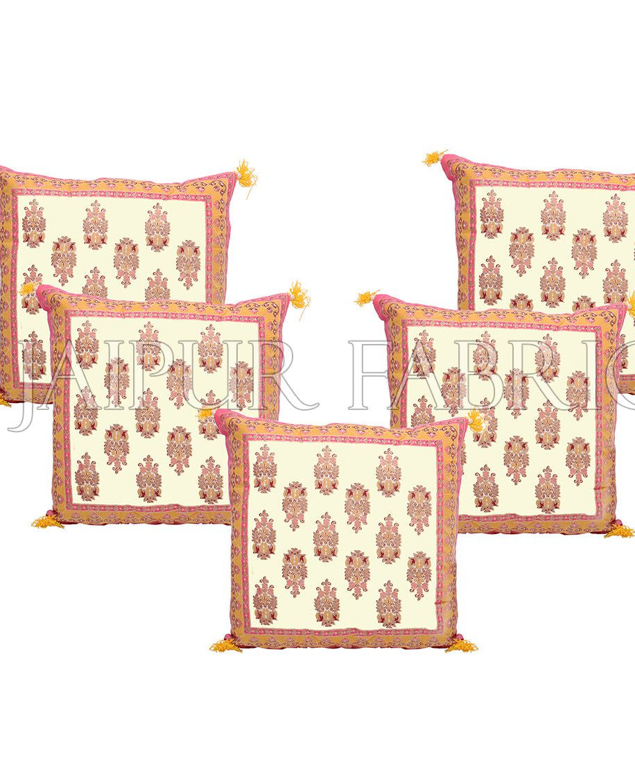 Cream Base with Orange Border Rajasthani Kalash Design Cotton Cushion Cover