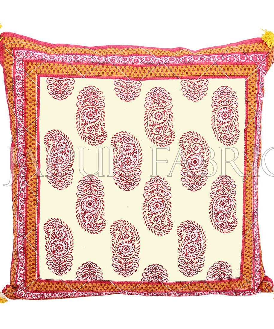 Orange Border Keri Block Print Cotton Cushion Cover