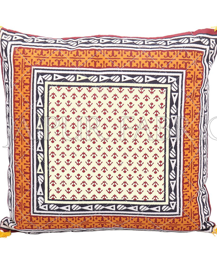 Orange Jaipuri Block Golden Print Cotton Cushion Cover