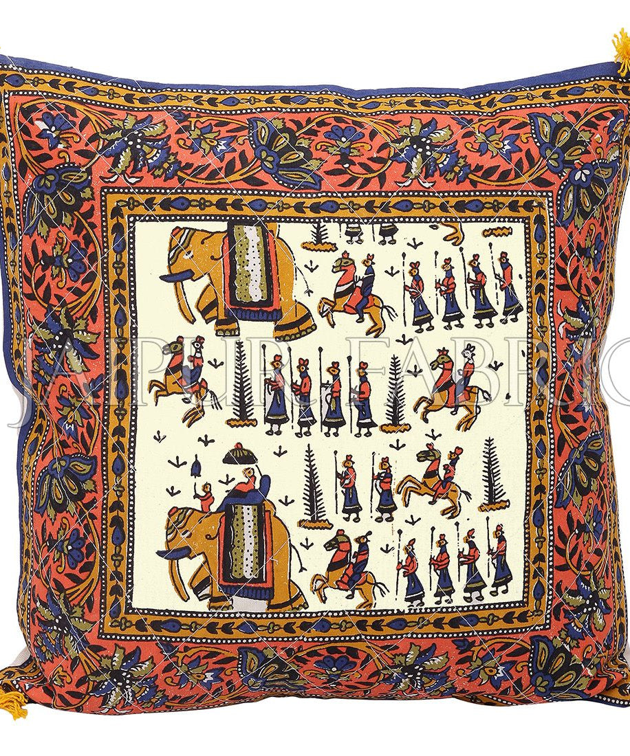 Cream Base Orange Border Rajasthani Barat Print Cotton Cushion cover