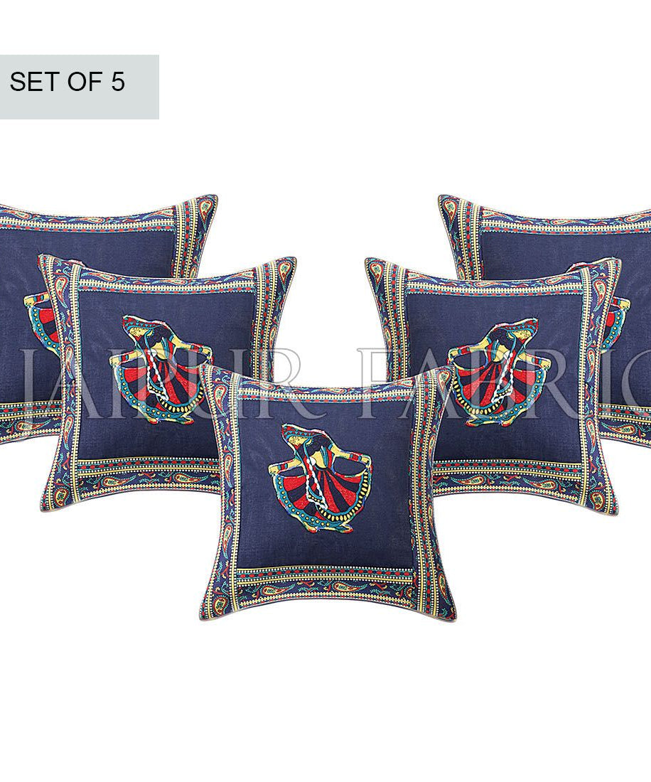 Blue Gujri Dance Design Patchwork & Applique Cushion Cover