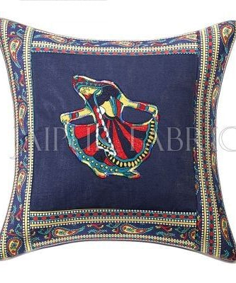 Blue Gujri Dance Design Patchwork & Applique Cushion Cover