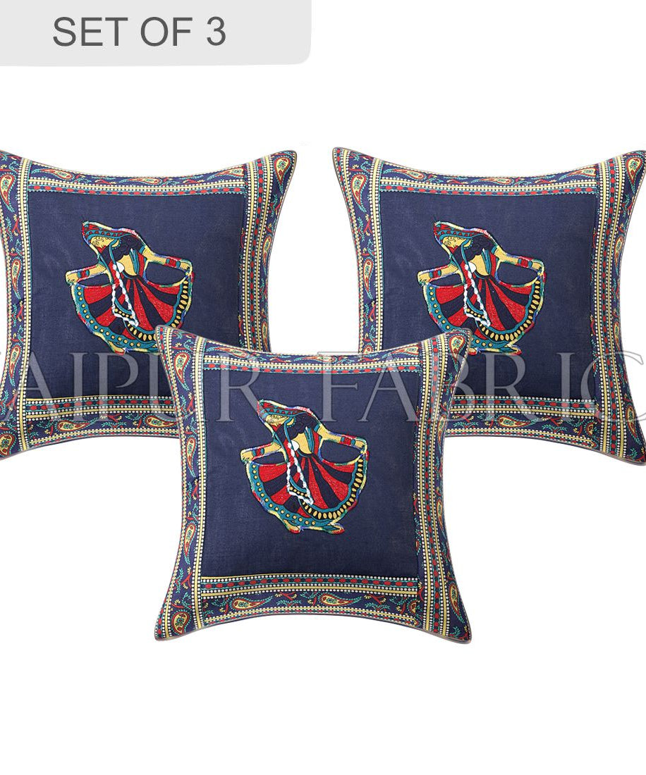 Blue Gujri Dance Design Patchwork & Applique Cushion Cover