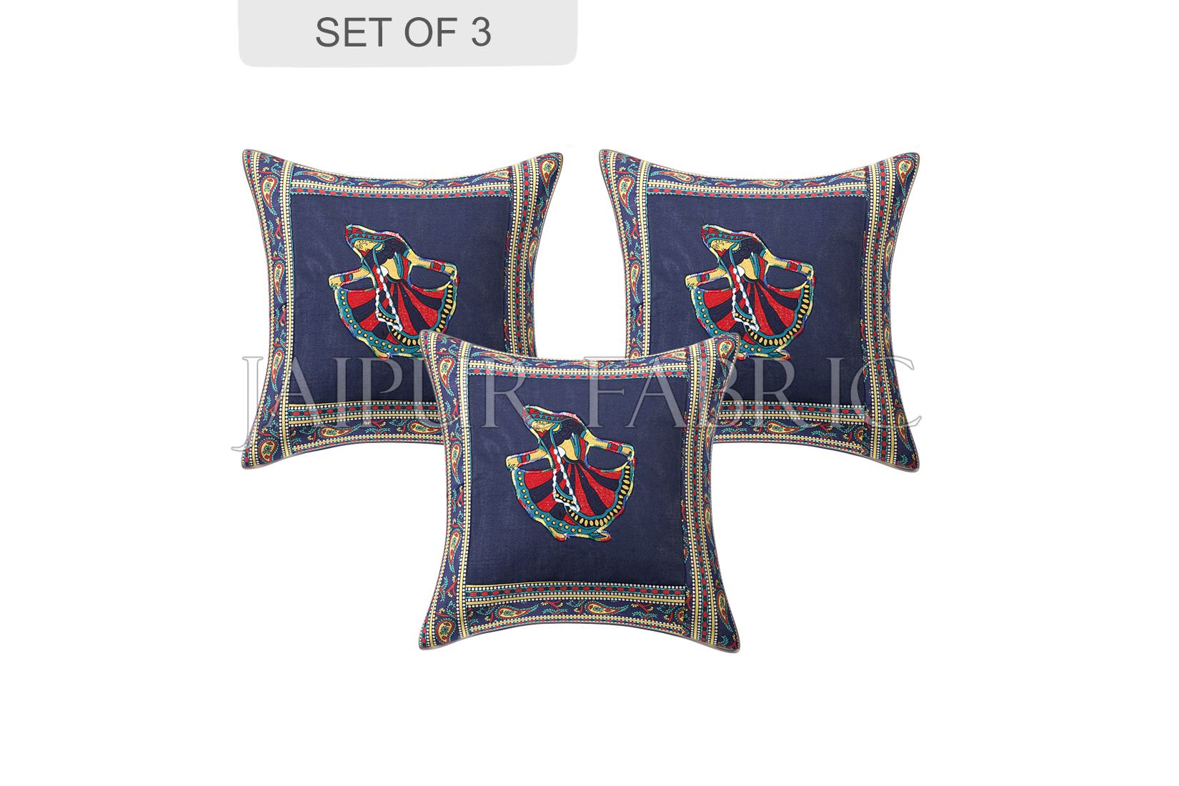 Blue Gujri Dance Design Patchwork & Applique Cushion Cover