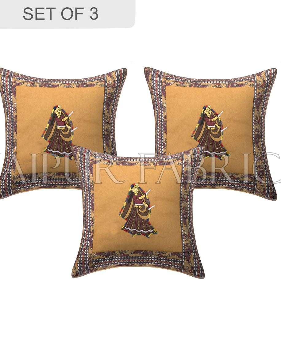 Brown Dance Design Patchwork & Applique Cushion Cover