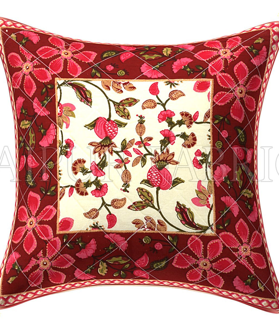 Maroon Base Pink Flower  Pattern Cotton  Cushion Cover