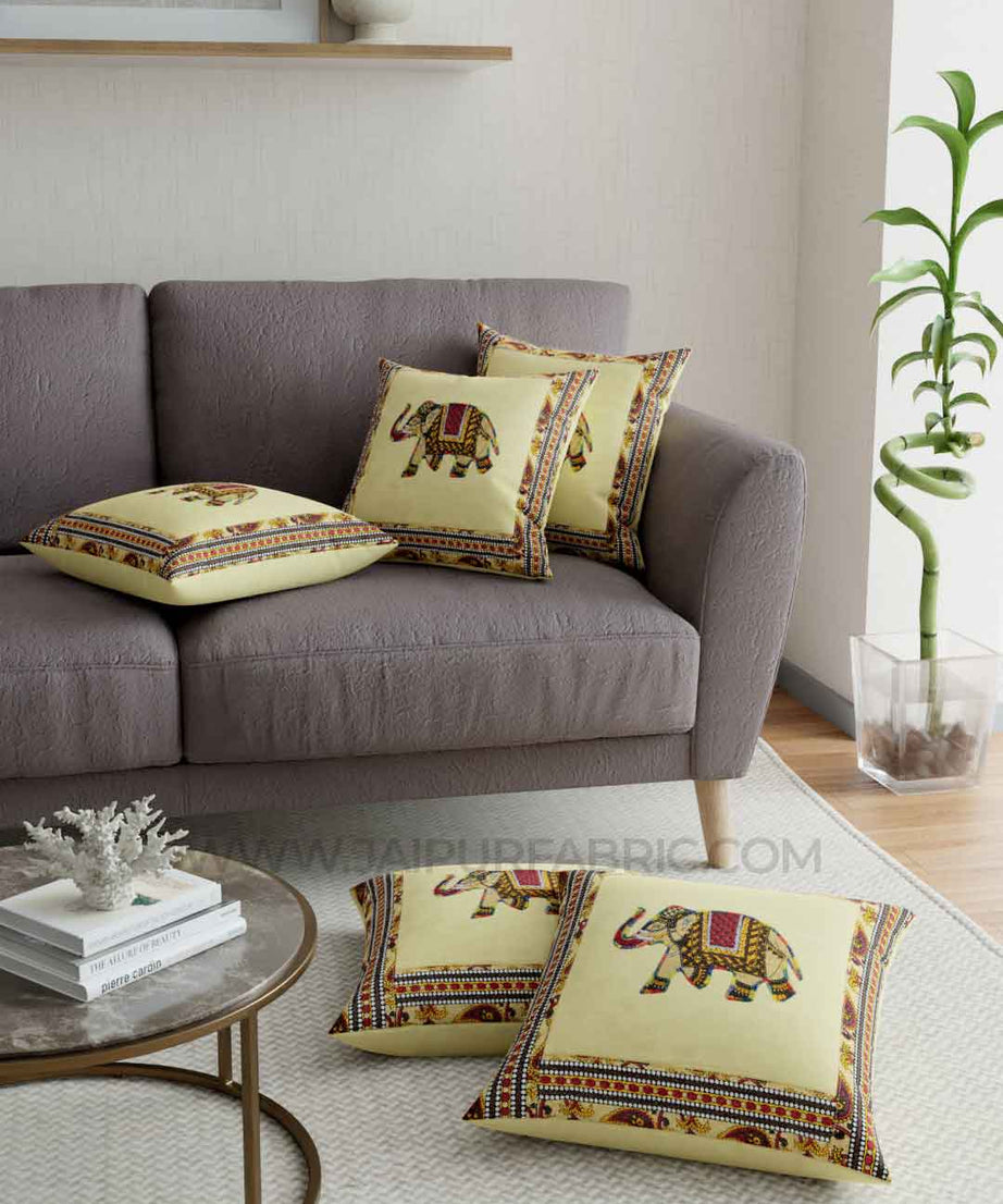 Applique Cream Elephant Jaipuri Hand Made Embroidery Patch Work Cushion Cover