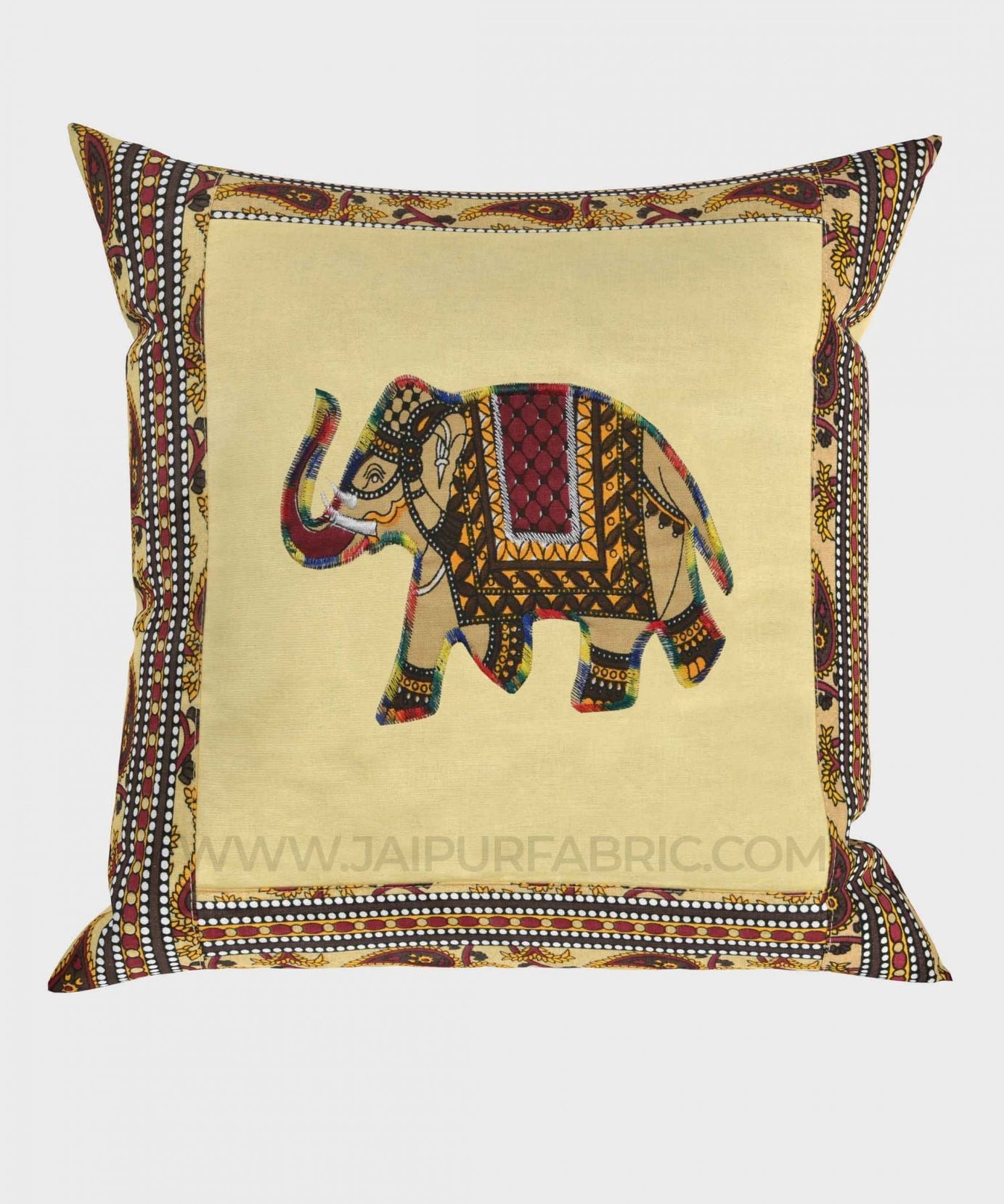 Applique Cream Elephant Jaipuri Hand Made Embroidery Patch Work Cushion Cover