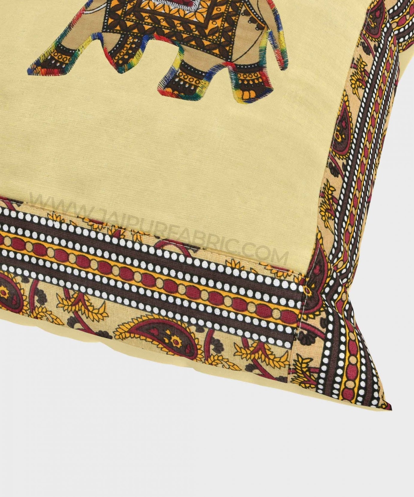 Applique Cream Elephant Jaipuri Hand Made Embroidery Patch Work Cushion Cover