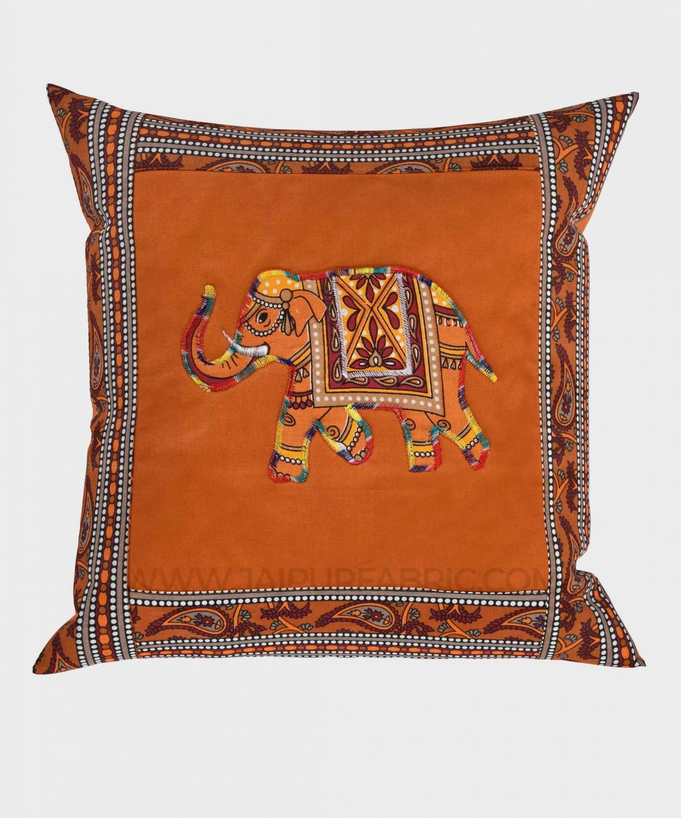 Applique Mustard Elephant Jaipuri Hand Made Embroidery Patch Work Cushion Cover