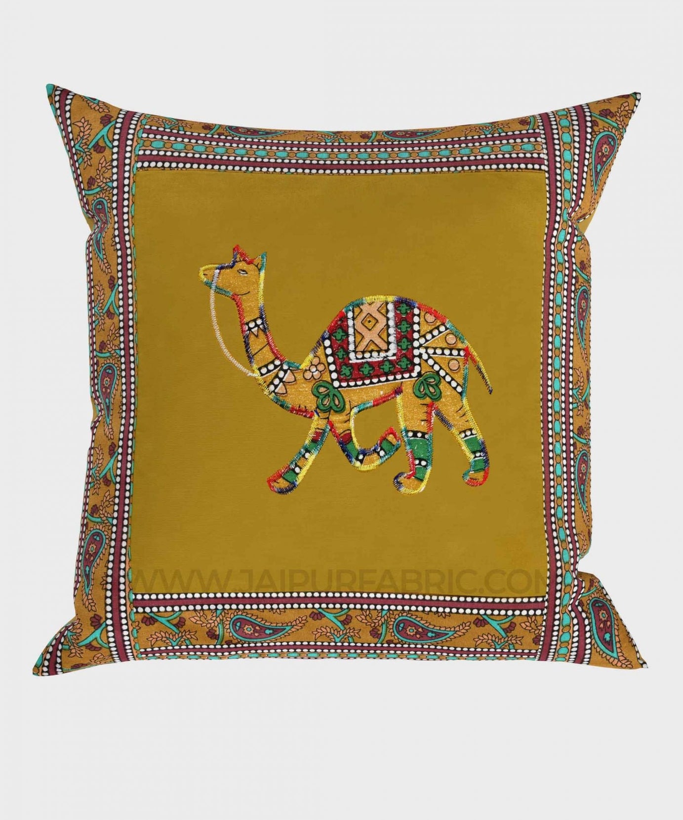 Applique Mehandi Green Camel Jaipuri Hand Made Embroidery Patch Work Cushion Cover