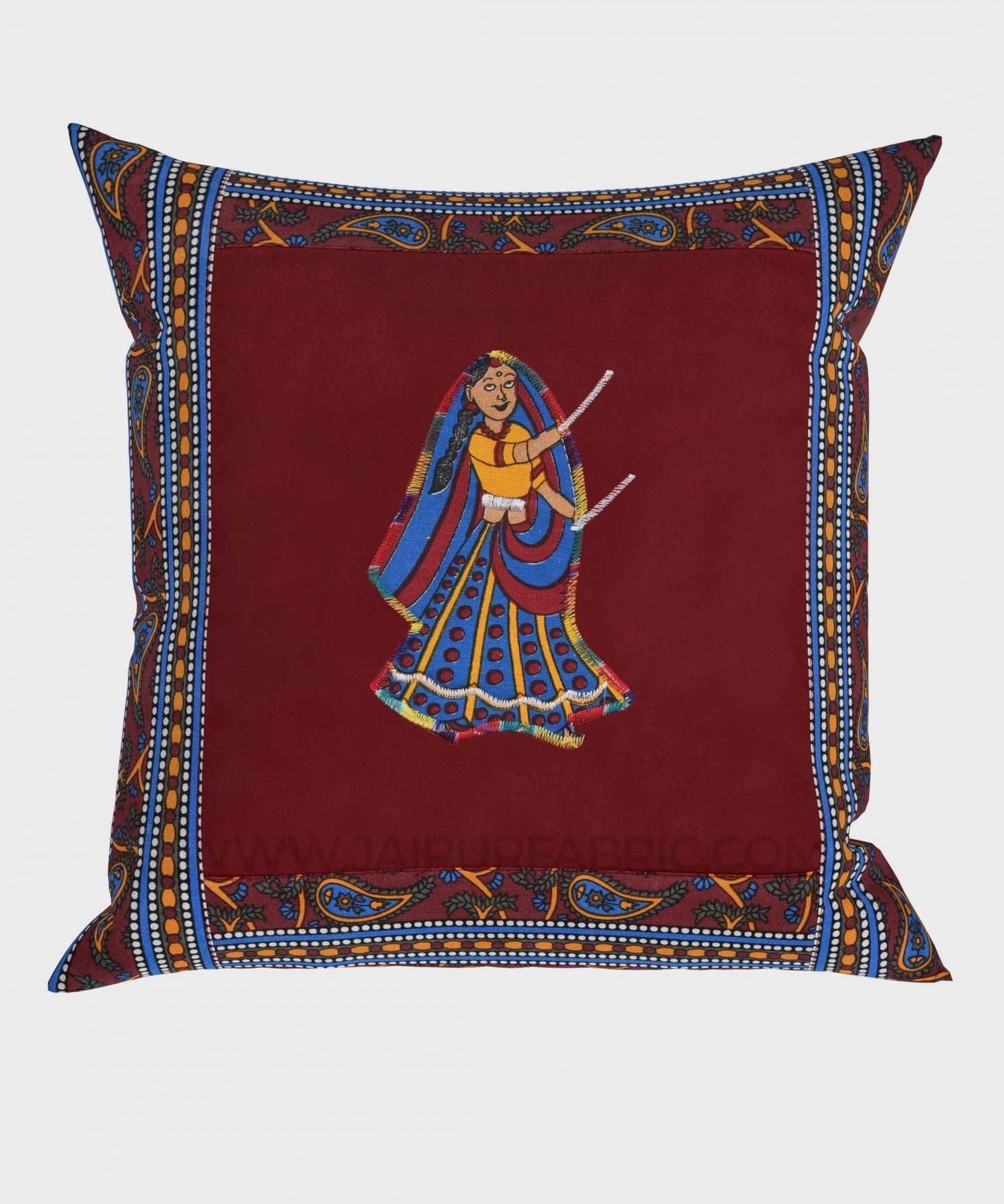 Applique Maroon Dandiya Jaipuri Hand Made Embroidery Patch Work Cushion Cover