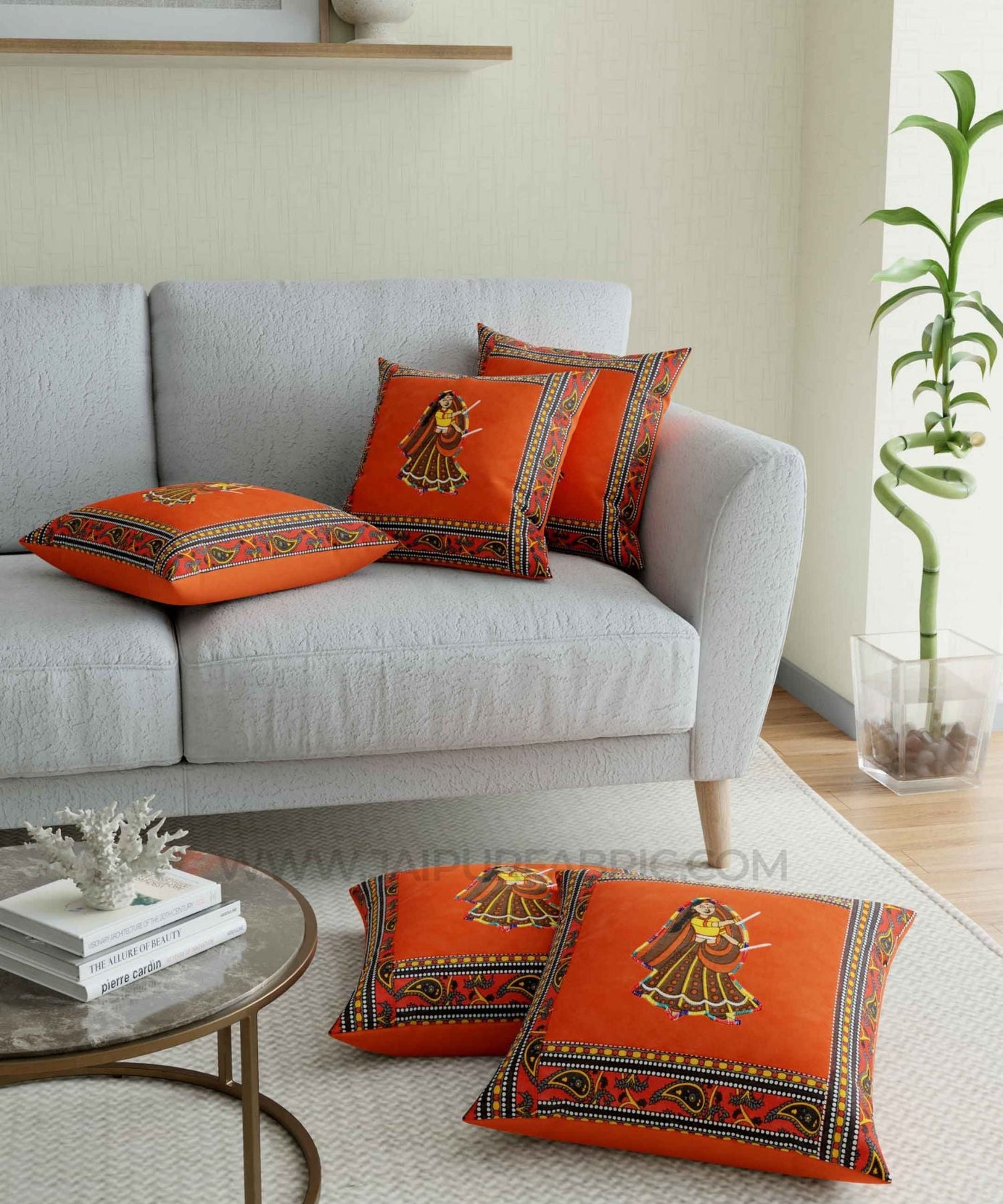 Applique Orange Dandiya Jaipuri Hand Made Embroidery Patch Work Cushion Cover