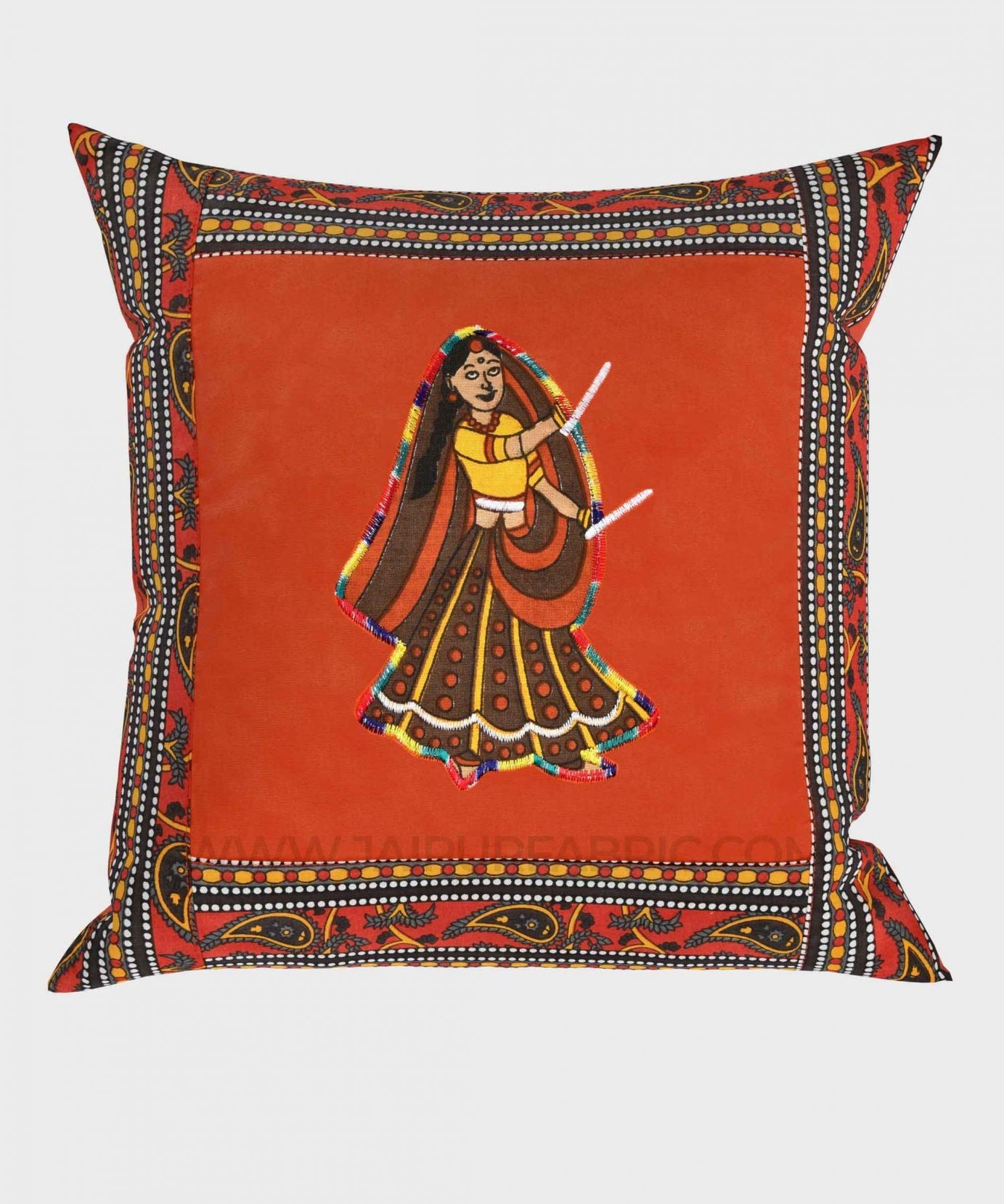 Applique Orange Dandiya Jaipuri Hand Made Embroidery Patch Work Cushion Cover